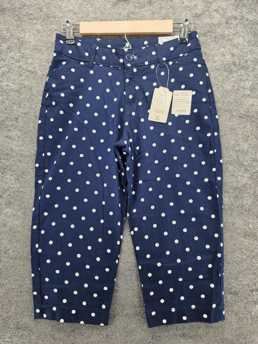 St John's Bay Capri Pants Womens 2 Petite Navy White Polka Dot Easy Fit Cotton